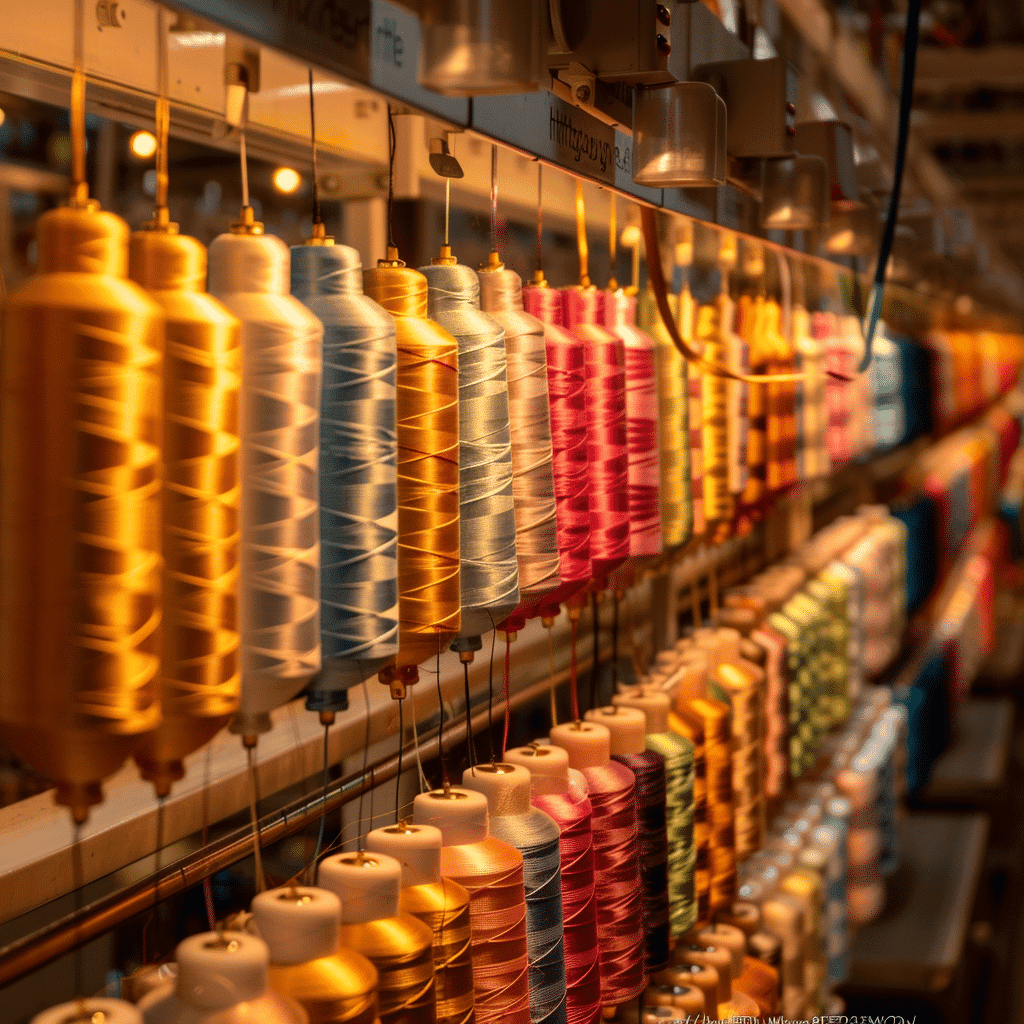 a shelf full of rolls of embroidery thread