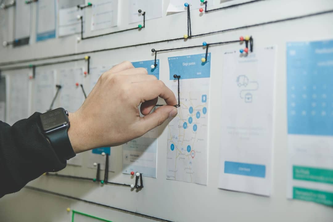 corkboard with physical user workflow diagram