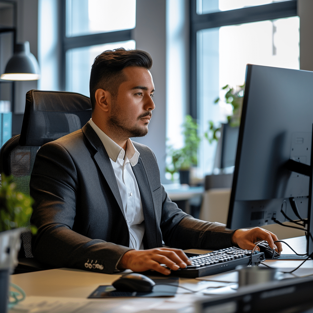 young guy consultant around 30 years old working in his office